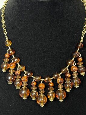 Vintage Amber Bead Dangle Necklace Gold Tone Chain Bib Style Fashion Jewelry